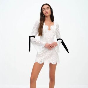 NWT For Love & Lemons Araceli Lace Velvet Detail Bow White Mini Dress size small